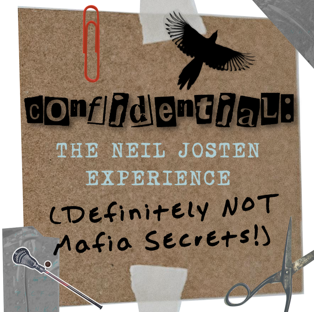 Collage consisting of different stationary elements on brown paper, including a red paper clip, a sticker of a bird silhouette, tape, and scissors. On it is the title of the zine: "Confidential: The Neil Josten Experience (Definitely Not Mafia Secreits).