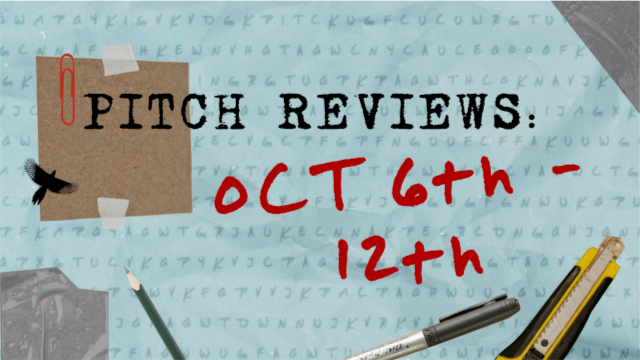 Collage consisting of different stationary elements, including a red paper clip, a sticker of a bird silhouette, tape, and scissors. The backgound is light teal with rows of random letters. On it is written: "Pitch reviews: Oct. 6 - 12th"