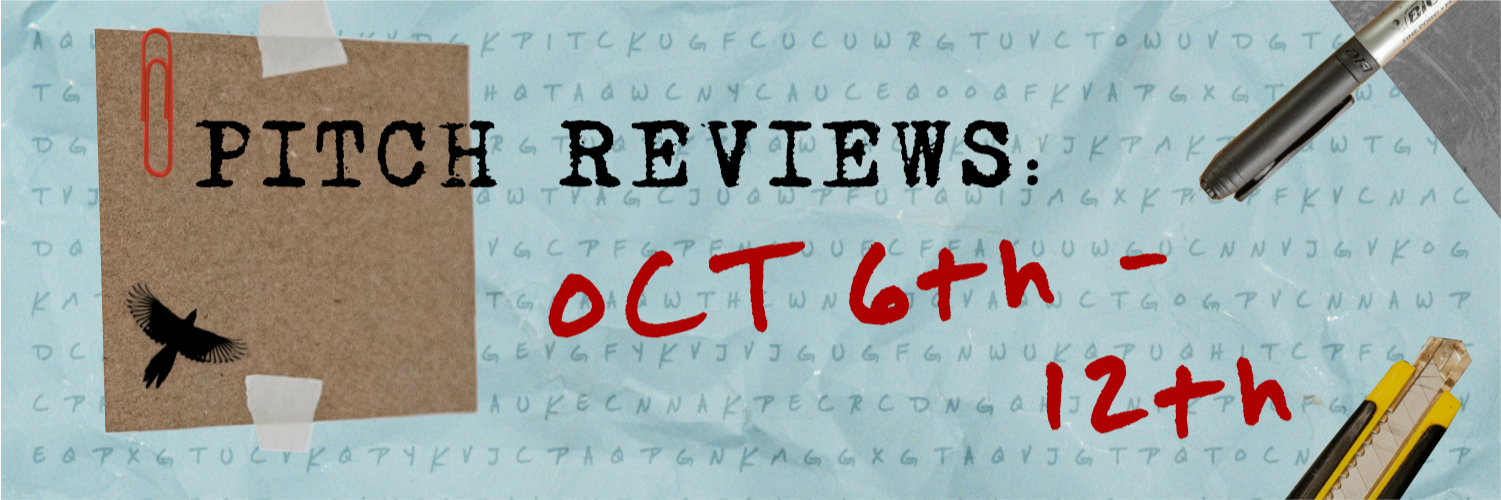Collage consisting of different stationary elements, including a red paper clip, a sticker of a bird silhouette, tape, and scissors. The backgound is light teal with rows of random letters. On it is written: "Pitch reviews: Oct. 6th - 12th"